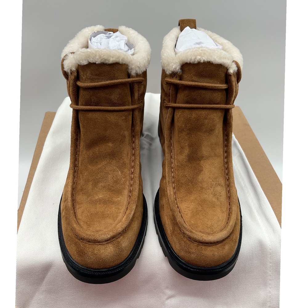 Vince Women Tobacco Suede Shearling Trim Moc Toe Lug Sole Ankle Boots NEW